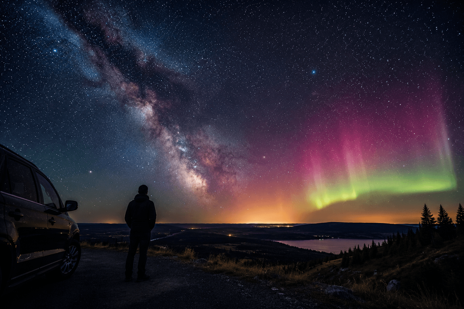 A wide, star-filled night sky over an open prairie horizon