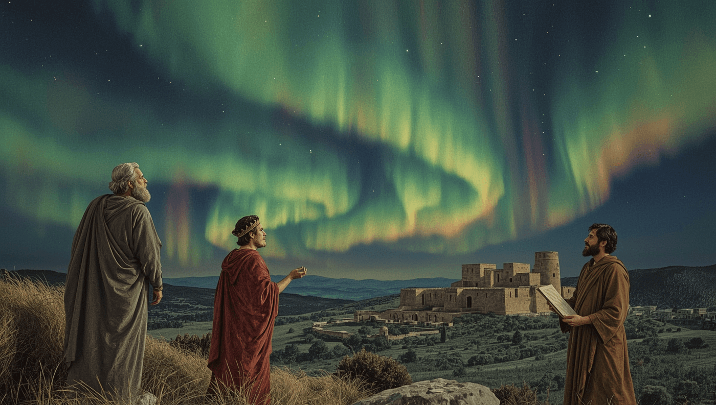 Ancient figures watching the aurora over a biblical-era landscape