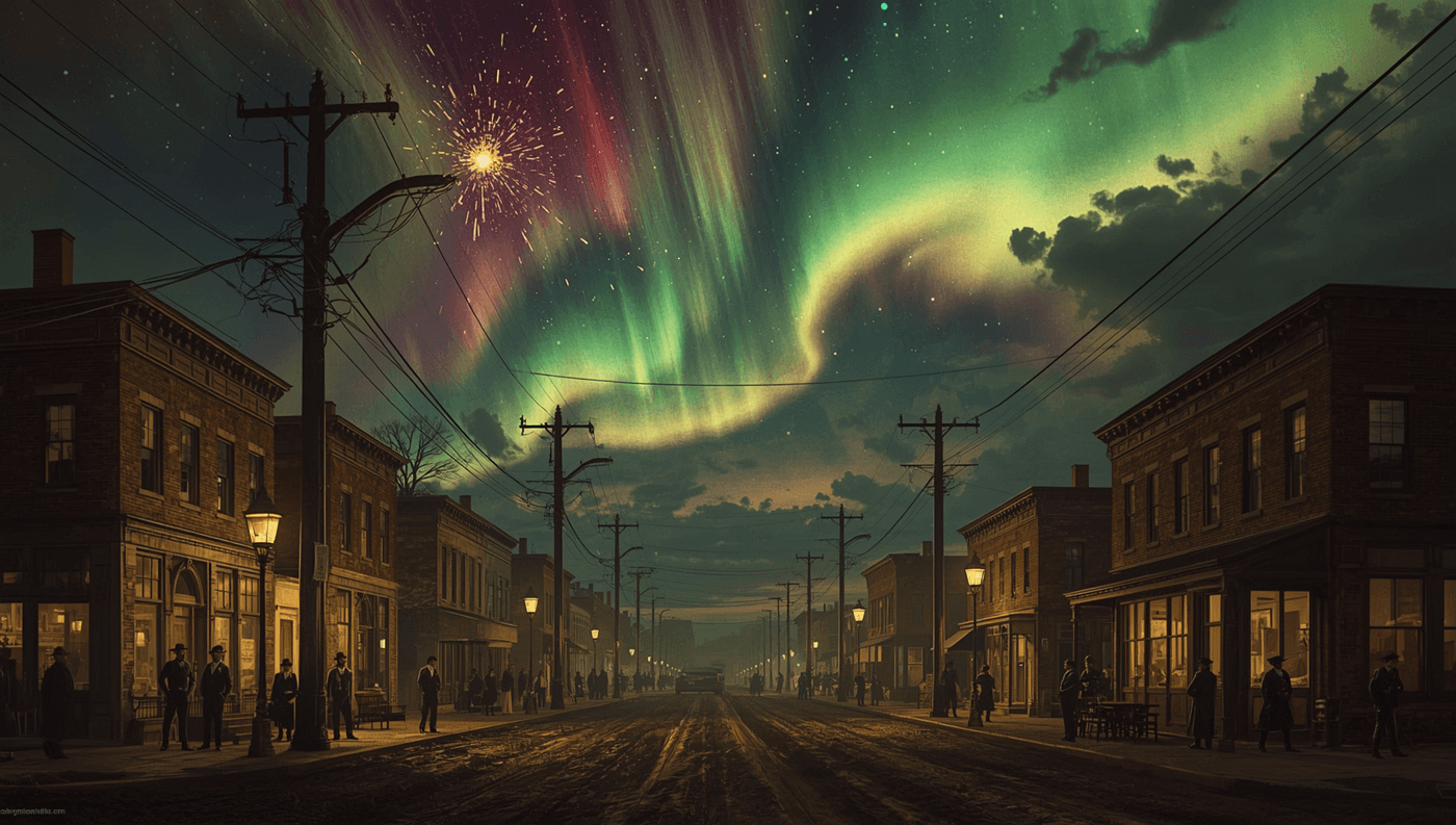Nineteenth-century town under an extremely bright aurora during the Carrington Event