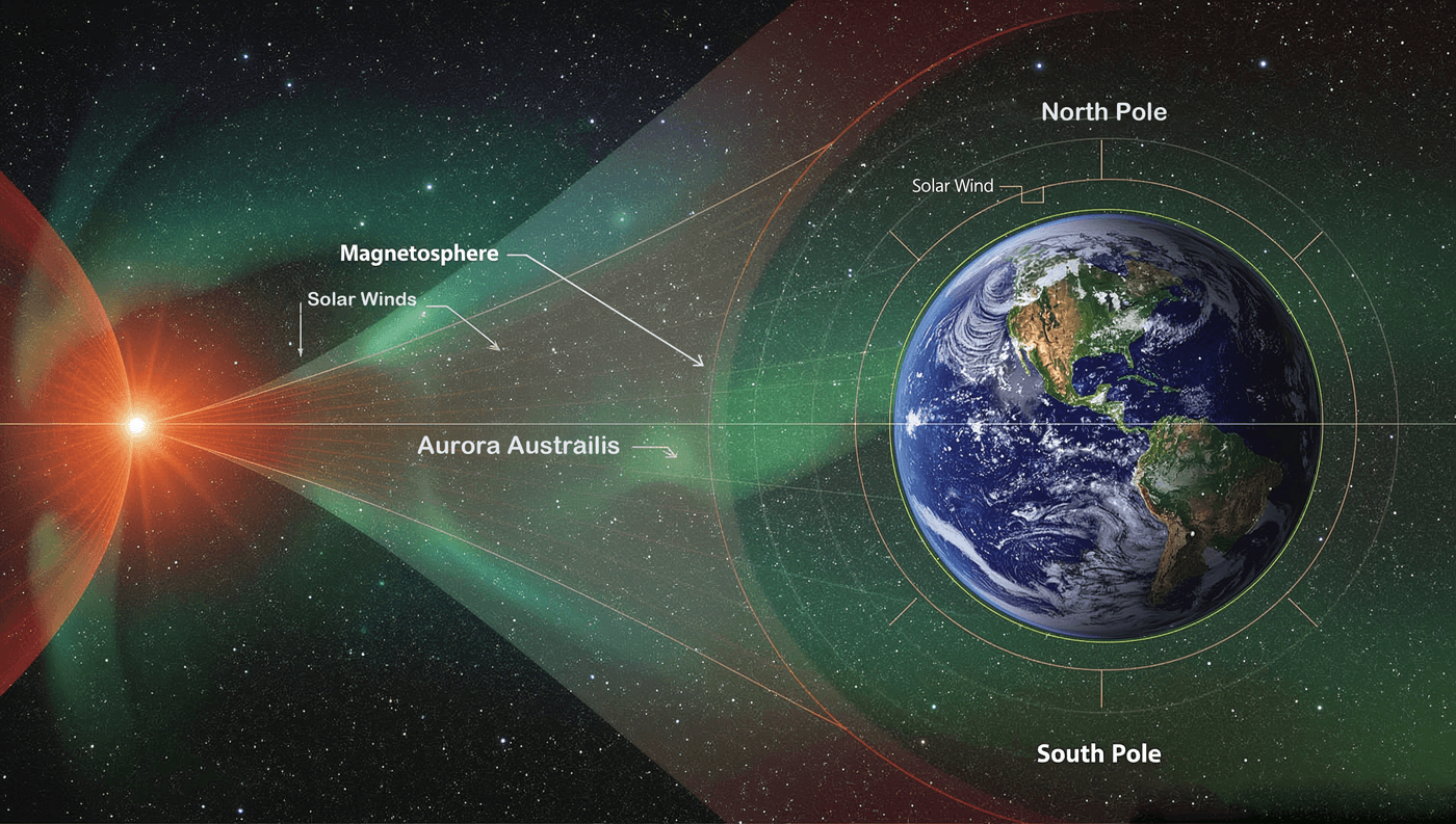 Labeled diagram showing solar wind, Earth's magnetosphere, and auroras at the poles