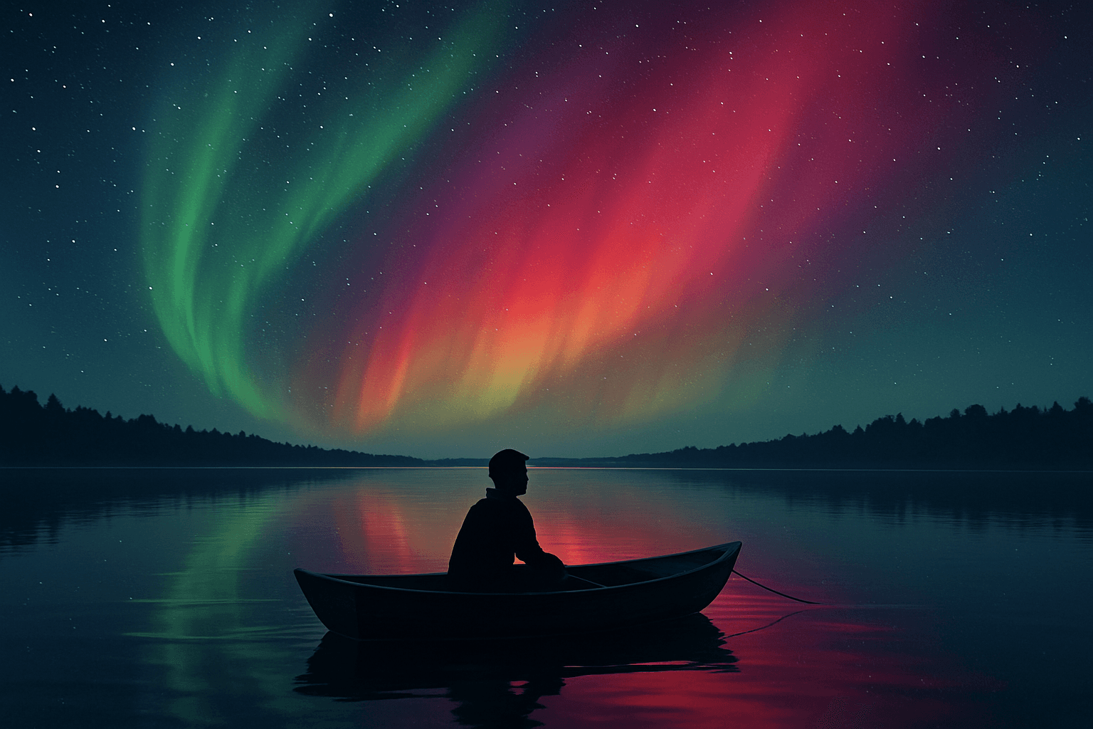Silhouette of a person sitting in a small boat on a calm lake under the Northern Lights